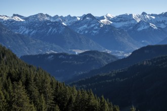 View from the high-altitude hiking trail from Bolsterlanger Horn to Riedberger Horn, snow-capped