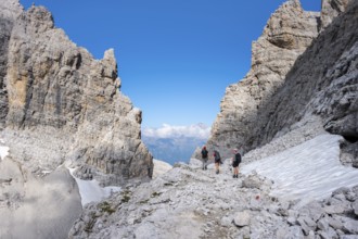 Three mountaineers in the mountains, Via Ferrate Benini Via Ferrate, Brenta Mountains,