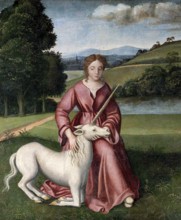 Chastity. Virgin, Young woman with a unicorn in the meadow, Oil painting of a pendant by Timoteo
