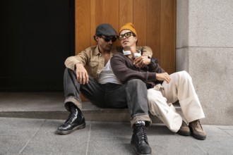 A Colombian gay couple sits on a city street, embracing while enjoying a casual moment. Wearing