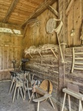 View into historic barn of in old smallholder weaver's house in old rebuilt restored smallholder's