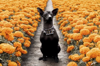 A majestic Xoloitzcuintle dog sits among vibrant Cempasuchil flowers, capturing the essence of Day