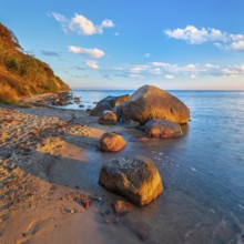 Coastal landscape with large boulders on the Baltic Sea beach in the evening light, Mönchgut Nature