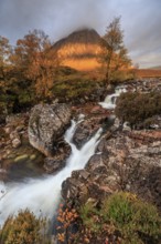Wild river, waterfall, autumn colours, morning light, mountain landscape, cloudy mood, Buachaille