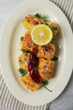 Grilled corn with spices, top view, no people, homemade