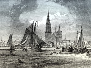 Historical view of Antwerp, Flanders, Belgium, early 19th century, From British Battles on Land and