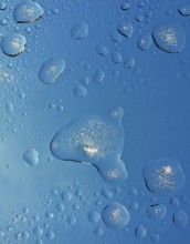 Vereiste Wassertropfen mit Eiskristallen auf Glasdach, Bayern, Deutschland