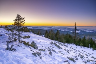 View from Mount Lusen over the hills of the bavarian forest at sunrise in winter, Bavaria, Germany