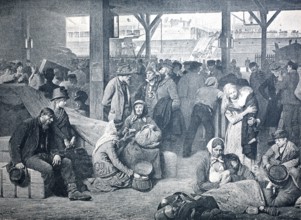 Embarkation of emigrants to America, many people in the waiting room waiting for dispatch, 19th
