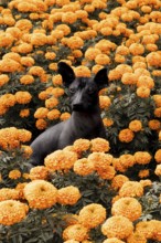 A Xoloitzcuintle dog sits gracefully amidst vibrant cempasuchil flowers, symbolizing the Day of the