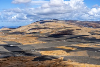 Dry volcanic landscape with fields, Lanzarote, Canary Islands, Spain