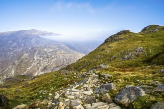 Pyg Track over Llyn Llydaw lake, Pen-y-Pass, mountain pass, Snowdonia, Gwynedd, north-west Wales,