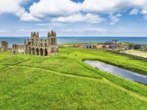 Whitby Abbey over River Esk from a drone, North Yorkshire, England, United Kingdom