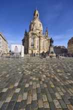 Frauenkirche Dresden, Baroque architectural style, security barrier, cobblestones, Luther monument,