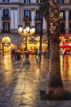 Nightlife at Plaça Reial, lanterns by Gaudi in the historic centre of Barcelona, Spain