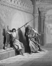 Saul throws the spear at David, David plays the harp, First Book of Samuel, chapter 18, verse 10,