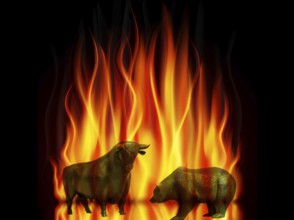The stock market is burning, bull and bear in flames. Price fall, stock market crash, stocks, stock