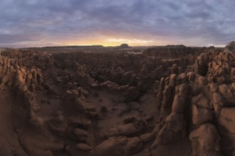 A panoramic aerial photograph capturing the unique rock formations and vast landscape of Goblin