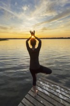 Woman practicing standing posture Vrikshasana, Tree Pose, one legged balancing asana of the