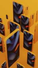 Many yellow frame smartphone exist with blue abstract art displayed on the screen. This creates a