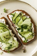 Breakfast, cereal bread sandwiches, cream cheese, sliced cucumber, with micro greenery on a light
