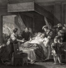 The deathbed of Leonardo da Vinci on May 2, 1519 with Francis I of France holding his head