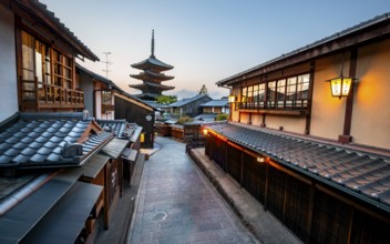 Yasaka dori historic street in the old town with traditional Japanese houses, five-story Yasaka