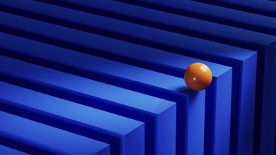 An orange sphere rests on a series of blue geometric shapes, creating an engaging abstract