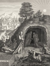 The empty tomb, Resurrection of Jesus, New Testament, steel engraving 1853, digitally restored