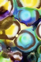 This image showcases a vibrant and textured pattern formed by various colorful inks, including