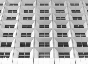 Detailed view of the façade of the Grand Arche, black and white, La Défence, office center, Paris,