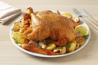 A golden-brown roasted whole chicken is served on a white plate with roasted potatoes, carrots,