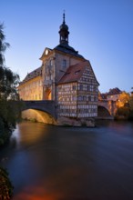 Upper Bridge, Old Town Hall, Regnitz, historic old town, blue hour, evening mood, Bamberg, Upper