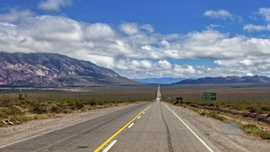 Endless road runs straight ahead through a dry landscape with mountains in the background and