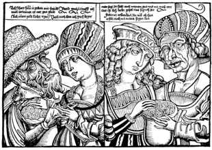 Historischer Holzschnitt aus dem Mittelalter, das ungleiche Liebespaar, der reiche, alte Mann und