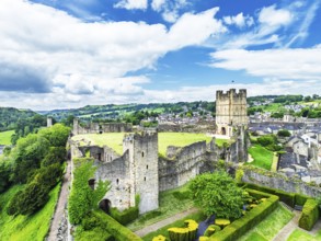 Richmond Castle from a drone, Richmond, Yorkshire Dales, North Yorkshire, England, United Kingdom