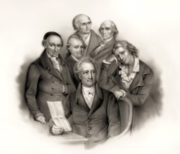Portraits of six German poets: Johann Wolfgang von Goethe, Friedrich Schiller, Christoph Martin