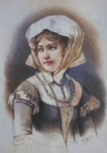 German burgher girl from the 16th century with headscarf and dress, elegant, Germany, around 1885,