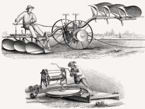 Ein landwirtschaftliches Pflugsystem, das von einer Seilwinde durch Muskelkraft angetrieben wird,