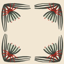Artistic illustration featuring a symmetrical floral design with earthy green and red accents,