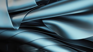 A dynamic composition of fluid, metallic blue waves creates an abstract and modern background in 3D