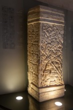Stela of a ruler dressed as warrior dated 749 AD from Xcocha, museum of Mayan Archaeology, Campeche