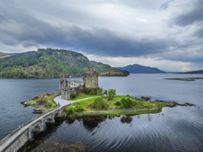 Eilean Donan Castle and Loch Duich from a drone, Isle of Skye, Highlands, Scotland, England, United