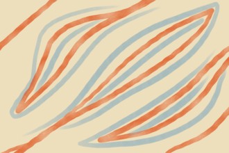 Abstract art featuring wavy, hand-drawn lines of orange and blue. The soft beige backdrop