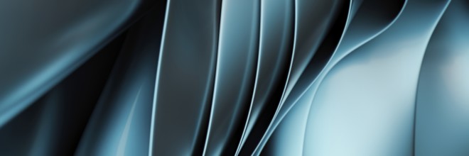 A stunning abstract design featuring smooth, flowing metallic blue waves in 3D. The fluid lines