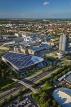 MUNICH, GERMANY, JULY 08, 2018: Aerial view of BMW Museum and BWM Welt and factory and Munich from