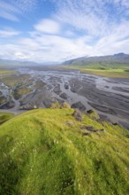 View from a hill, view over alluvial land, meandering river, Dímonarhellir, Suðurland, Iceland