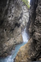 Waterfall trail at the Leutaschklamm gorge in the border forest between Tyrol and Bavaria