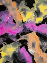 Luminous abstract art featuring splashes of neon pink, yellow, and orange on a dark background,