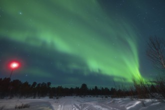 Captivating view of the Aurora Borealis shimmering above a snow-clad landscape near Kiruna, Sweden,